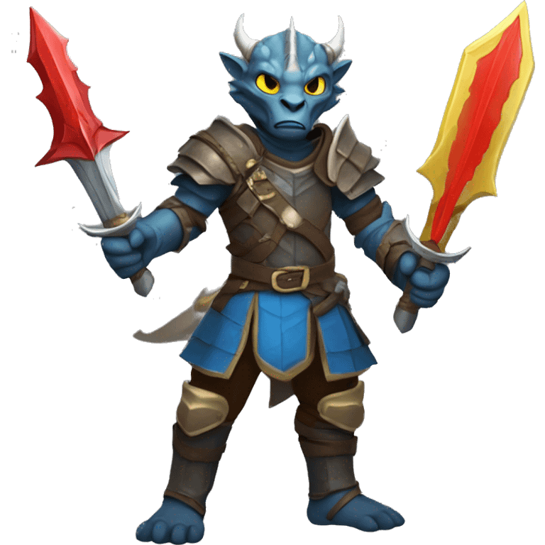 Dragonborn fighter with twin swords  with red blades and yellow Handels and blue scales  emoji