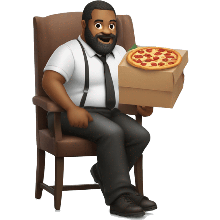 big Man with lipstick on and a beard sitting on chair and holding a pizza box emoji