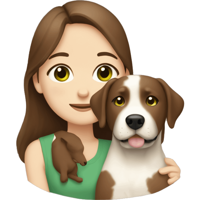 medium brown haired girl with browny green eyes hugging a brown and white girl Labrador  emoji