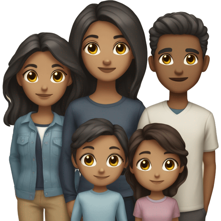 Family of 7, 4 girl dark hair dark eyes caramel skin, 1 girl dark hair dark eyes light skin, 1 boy dark hair dark eyes light skin, 1 girl dark brown hair light brown eyes white skin emoji