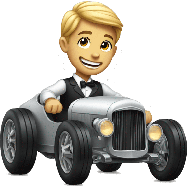 smiling boy in formal attire racing hot rod emoji