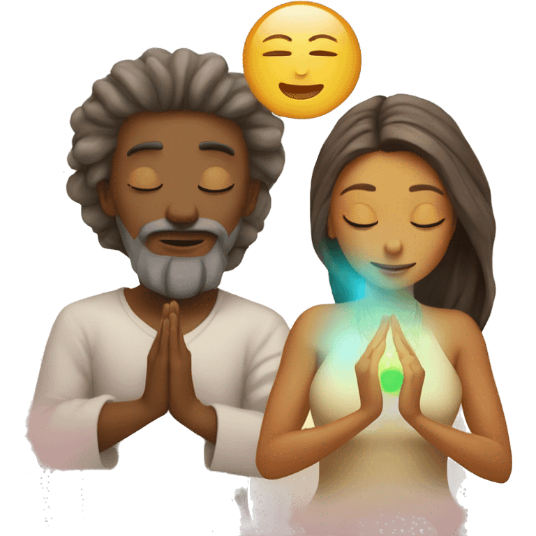 Man and woman lovers with 7 chakra symbols meditating emoji