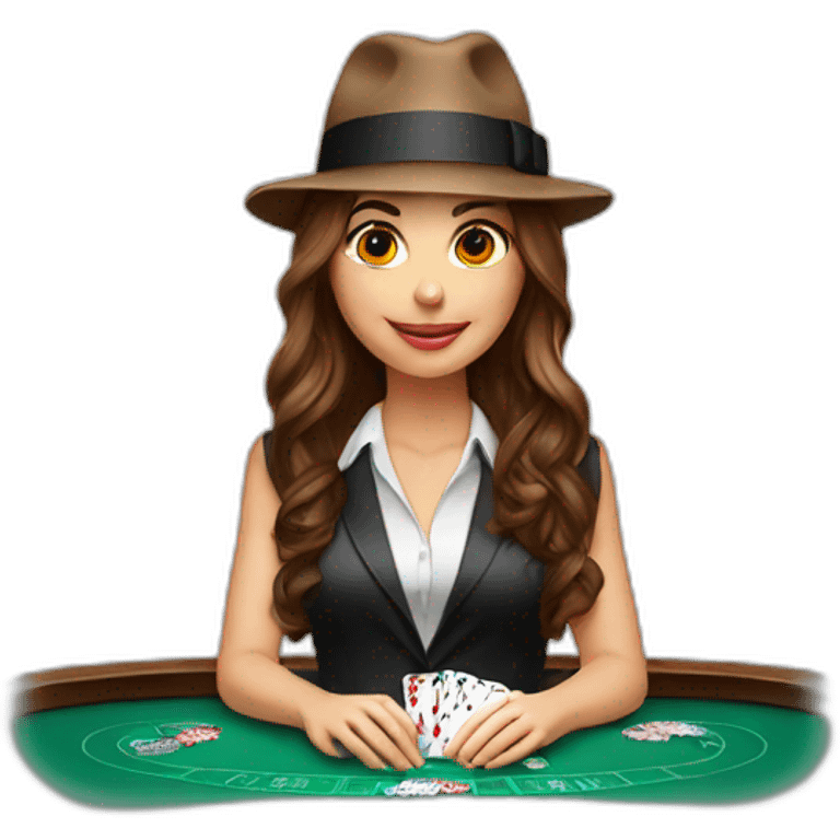 female with brown wavy hair playing poker with a poker dealer hat emoji