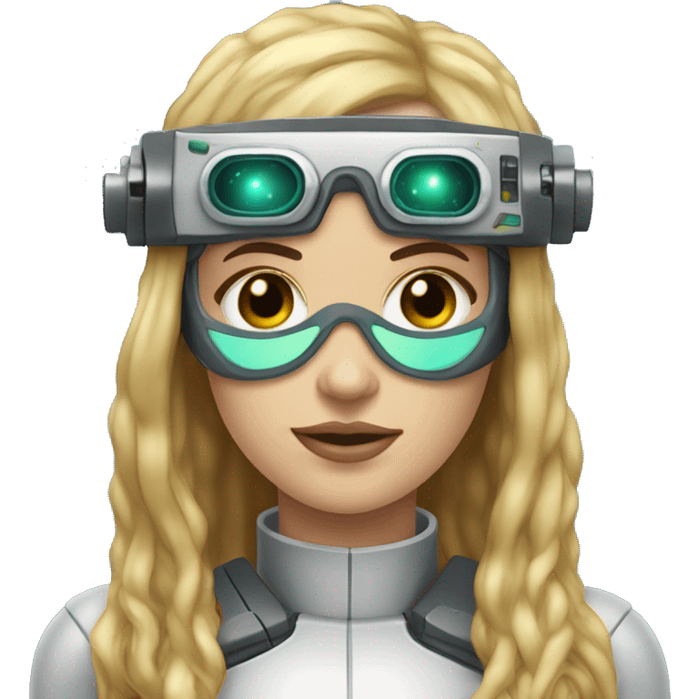 female cyborg head, fair skin, Brown long hair with blonde steaks, space age goggles and circuits emoji