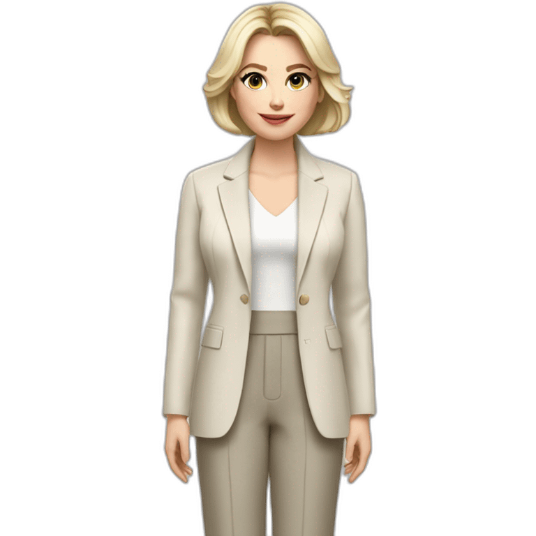 Full height Actively gesturing with hands pale skin woman with ash blonde Straightened bob Hair, White Spacious classical jacket, beige palazzo Arrow pants and gray blouse emoji