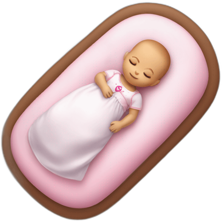 white sleeping newborn in a dress with a barbie logo emoji