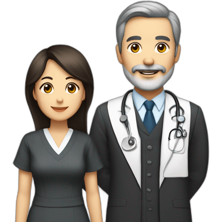 husband american age 64 dark brown hair trimmed beard wearing a business suit holding a bible, wife asian age 64 black shoulder length hair wearing nurse uniform, no children emoji