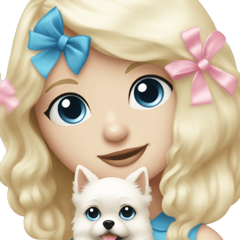 Blond girl white skin blue eyes hugging white Pomeranian with light pink bow emoji