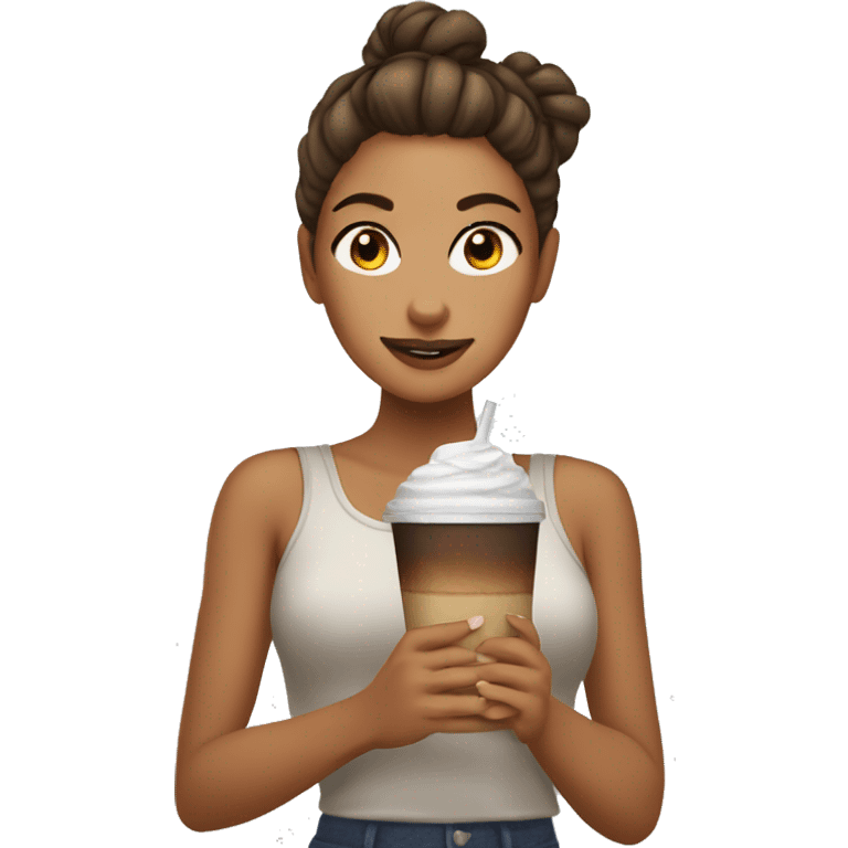 a tanned girl with a messy bun holding an ice coffe  emoji