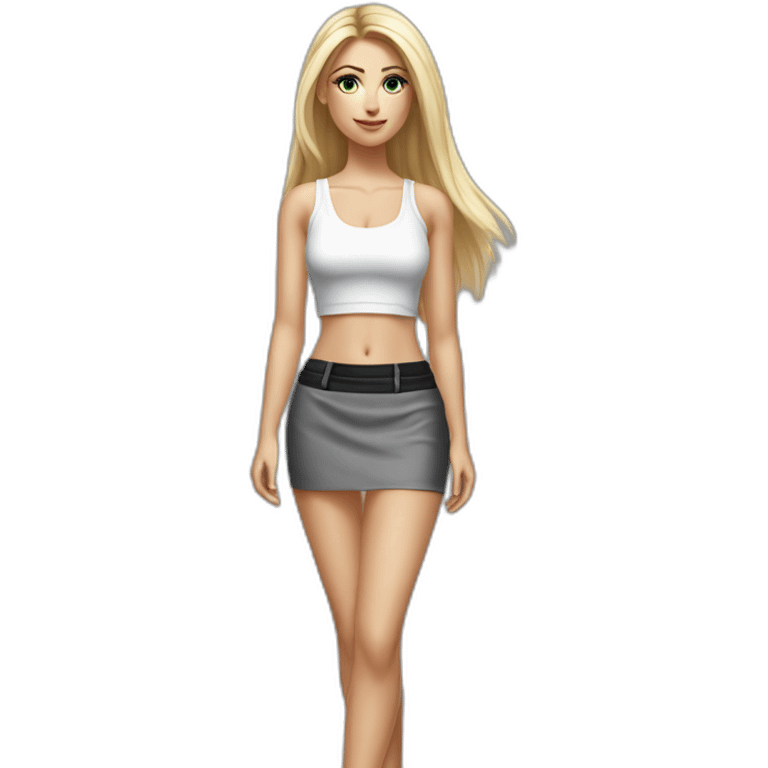 hyperrealist caucasian long straight blonde hair dark eyes sexy woman white crop tank top gray tight mini skirt black high heel shoes full body emoji