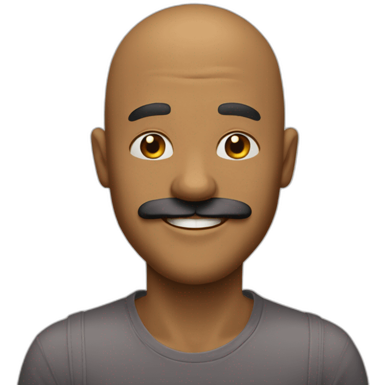 Bald man with very big black mustache and tan skin and a super big smile and smiley eyes emoji