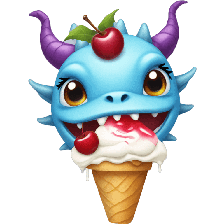 Dragon with ice cream and a cherry on her head and big eyelashes emoji