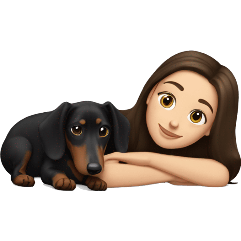 Brunette white girl laying with black dachshund  emoji