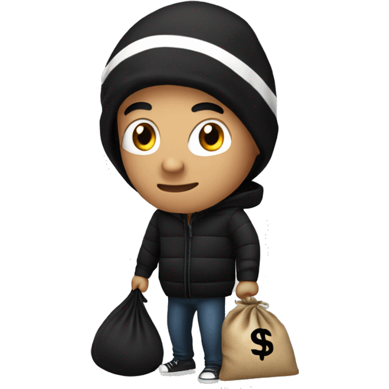 Thief with striped black shirt, money bag and black beanie emoji