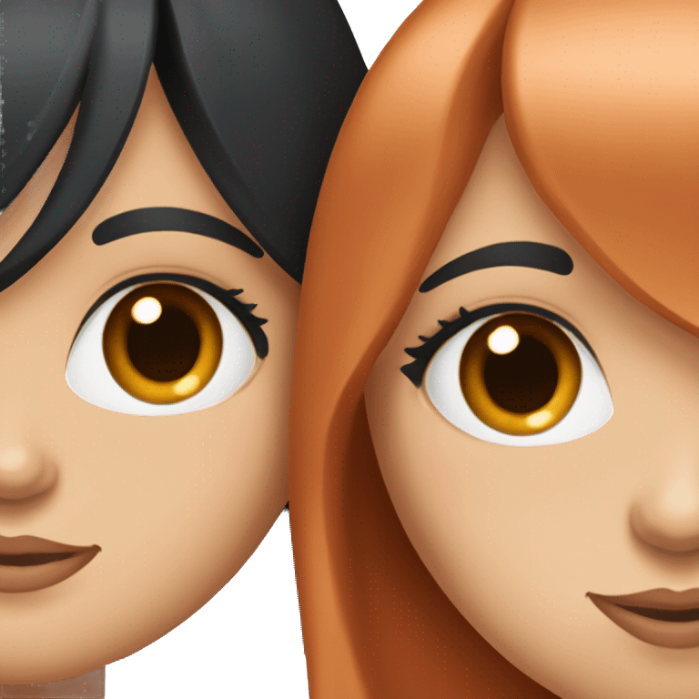 Girl with long black hair, long eyelashes and blue eyes taking picture with girl who had light copper red hair, blue eyes and long eye lashes emoji