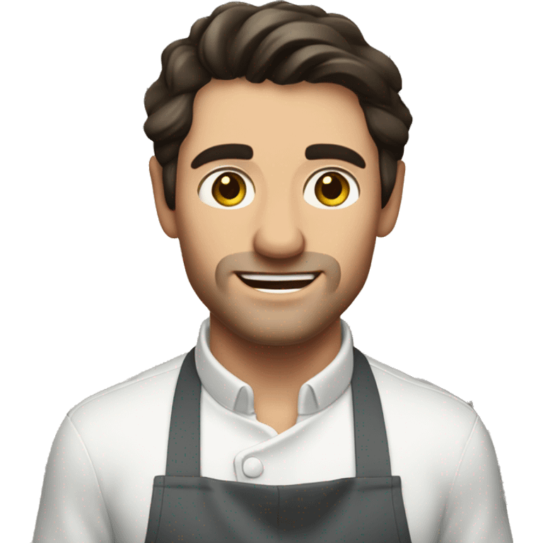 Handsome strong white man with dark hair in kitchen with apron emoji