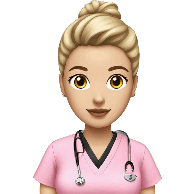 Nurse ,white woman, black messy bun,pink scrubs ,Louis Vuitton bag  emoji