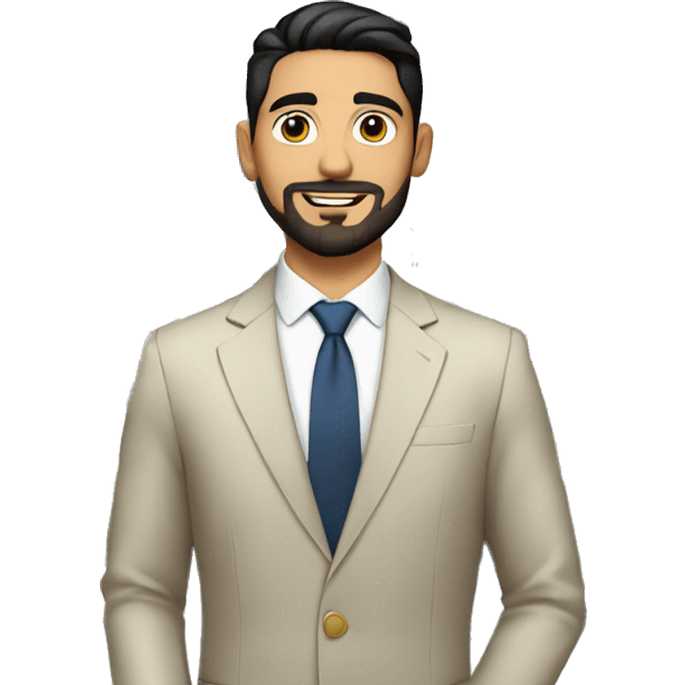 Young man Real estate agent Italian short black hair and goatee in elegant  suit  standing in front of a house  emoji