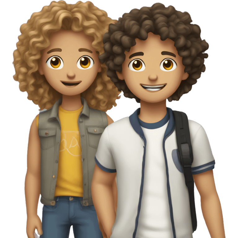 cartoon photo of both a mixed teen with curly hair and white teen boy with wavy hair ,  emoji