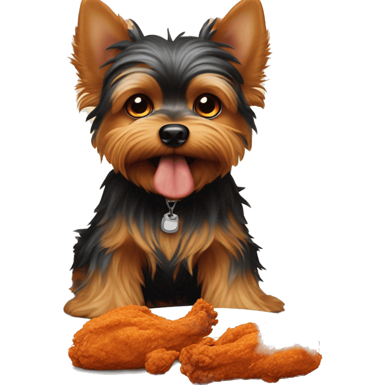 Evil Yorkie with fiery eyeballs eating a giant piece of fried chicken emoji