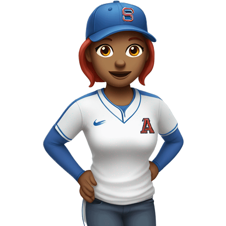 front facing standing up female coach with long red hair, wearing a white t-shirt and a simple baseball blue hat emoji