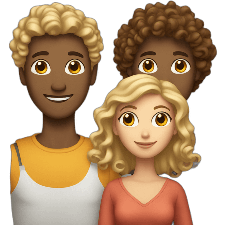 Three friends, a brown blond man, a curly woman, a woman with straight hair emoji