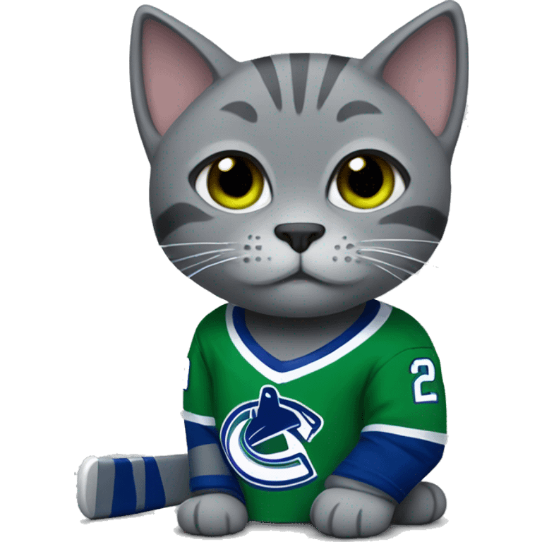 Grey cat wearing a canucks hockey jersey emoji