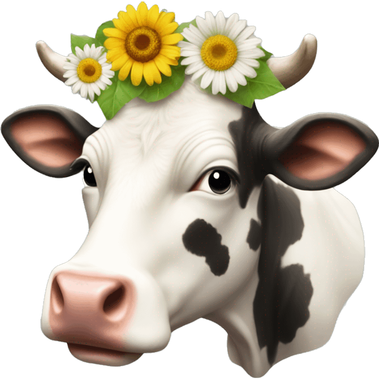 A cow with pretty flowers on head and a CD emoji