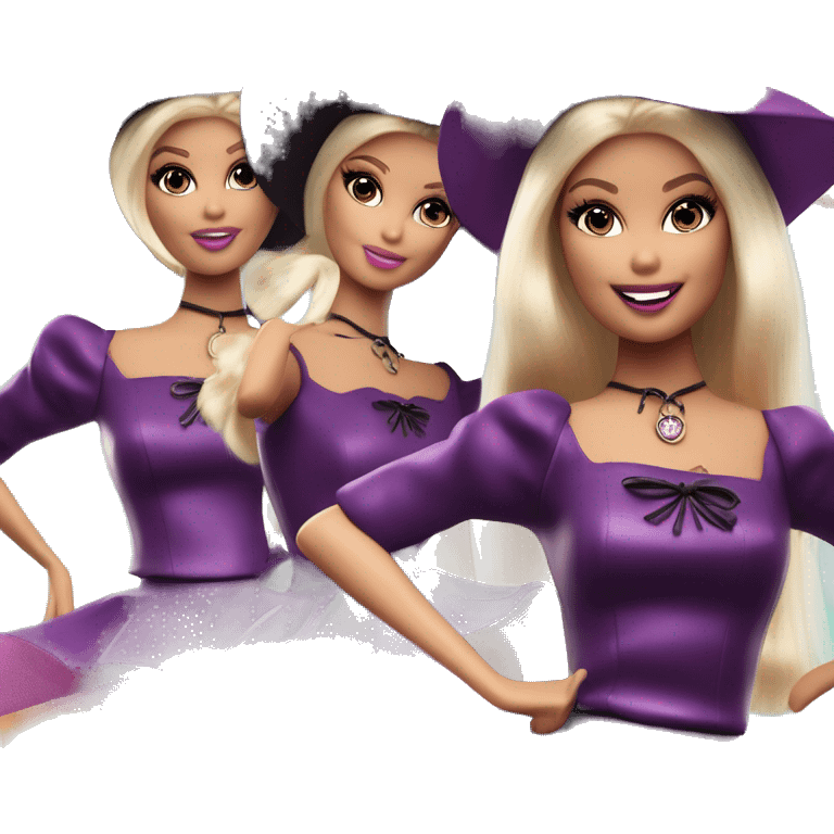 three photogenic silkstone Barbie witches enchanted TV series flying on a broomstick  emoji