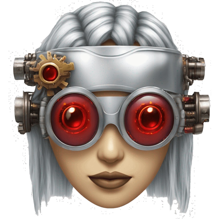 Silver long hair female cyborg head with red steampunk goggles and circuits emoji