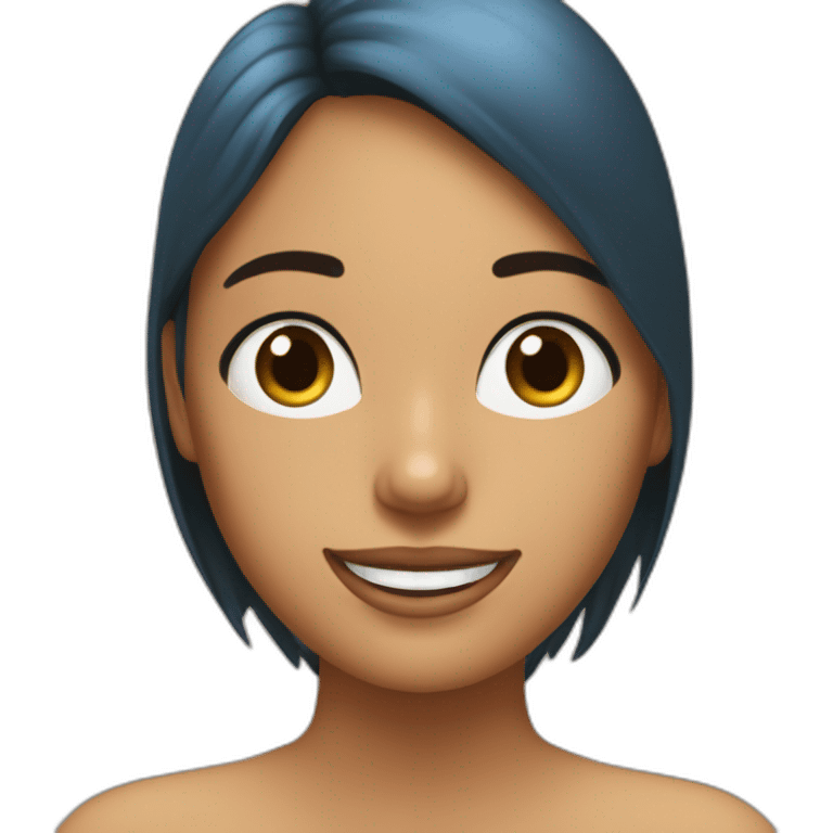 Chica con melena marrón, ojos azules y sonrisa emoji