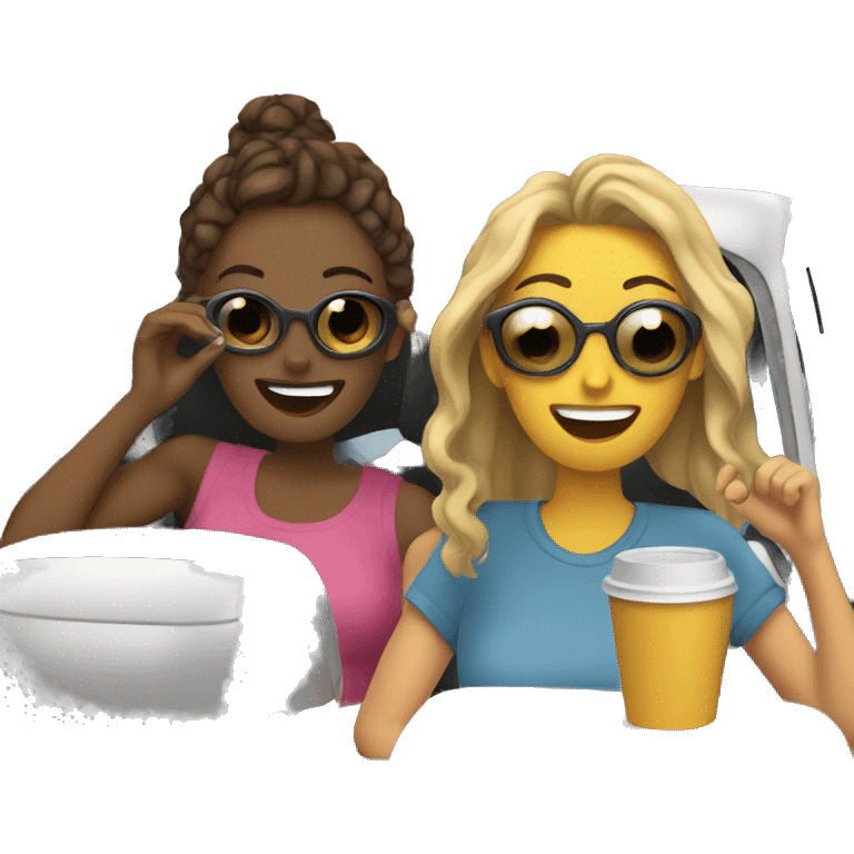 two girlfriends on a road trip one drinking coffee emoji