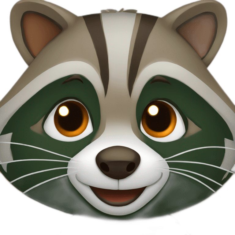 brown raccoon with orange eyes and a dark green hood that is smiling emoji