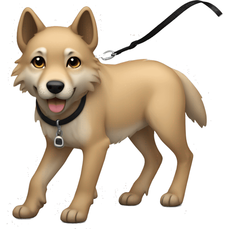 4 short legs a light brown puppy-like wolf with black  ears with black leash  is walking emoji