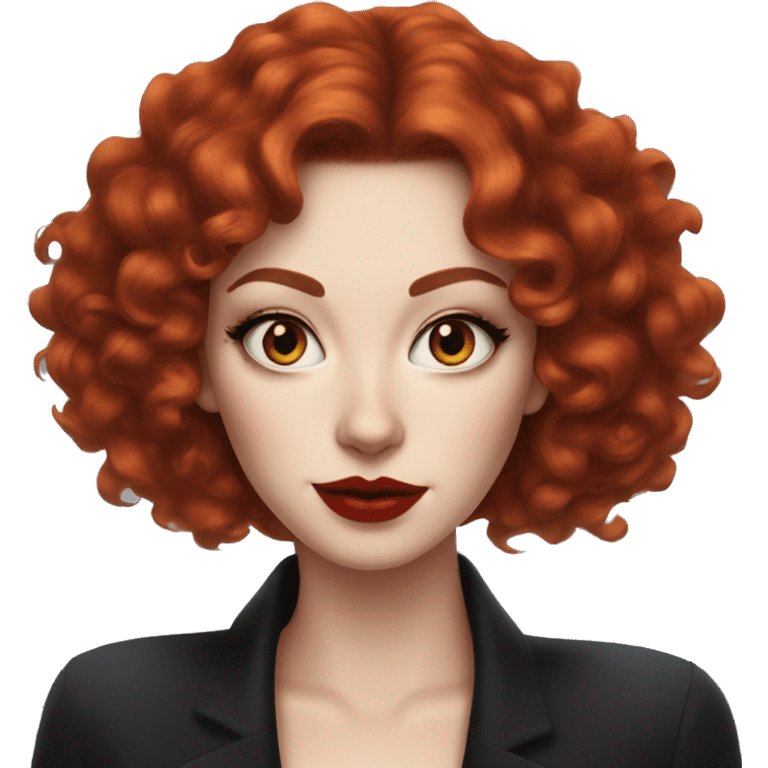 Pale Woman with short, dark curly red hair, bright red lipstick and dark cat-eye makeup emoji