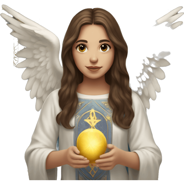 Beautiful angelic girl with straight brown hair with tarot cards emoji