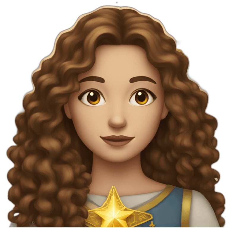 white young woman with long brown curls and a tarot card that have a golden star on it emoji