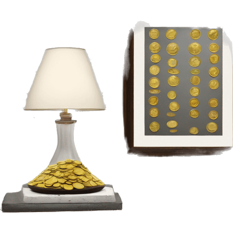 collectible coins next to a glass vase and framed art emoji