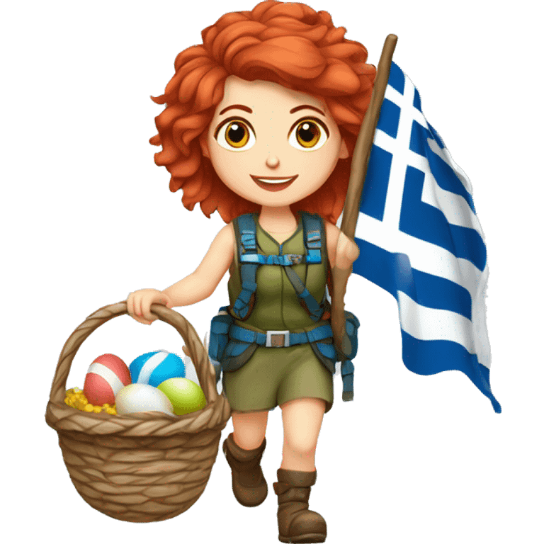 Greek Female winter mountaineer red hair white skin climbing with Greek Flag and Easter eggs basket emoji