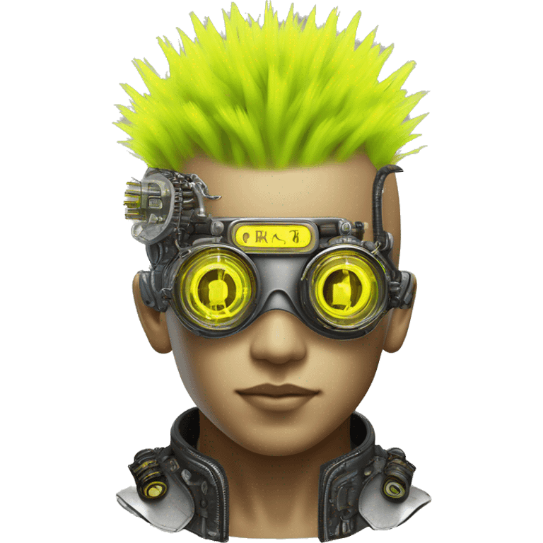 Neon yellow Mohawk hair Asian male cyborg head with silver steampunk goggles and circuits emoji