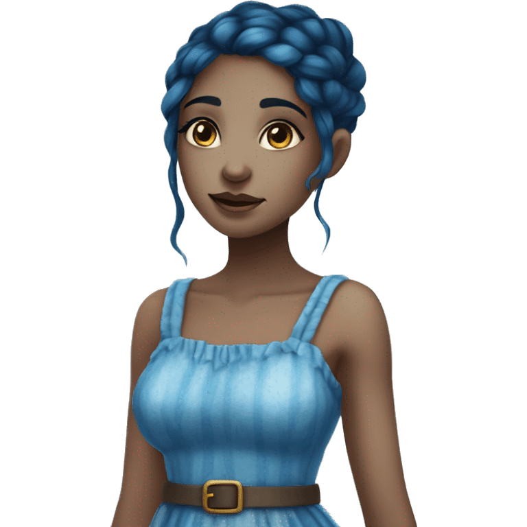 A beautiful blue skinned fantasy girl who has dark blue hair that shines. She has freckles on her nose and wears a cottage dress. emoji