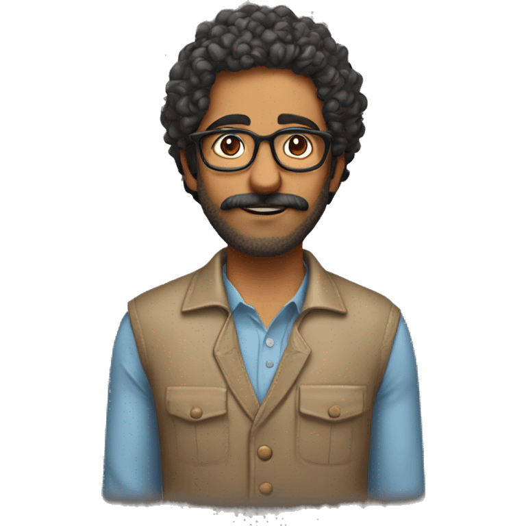 Indian man with glasses, curly hair to the shoulders, has a beard and moustache but its not a full beard and he wears glasses emoji