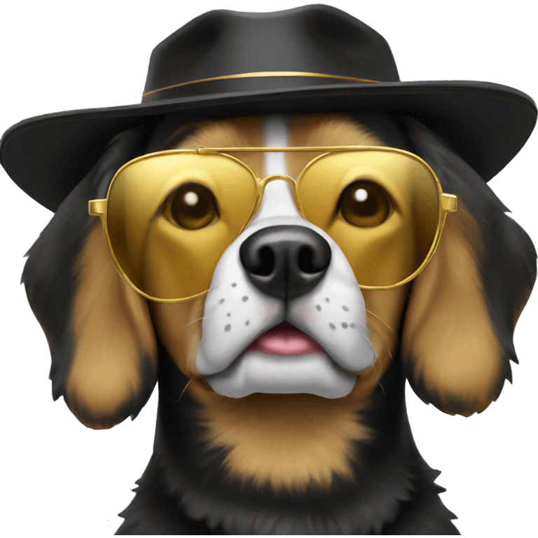 Dog wearing gold sunglasses and a backwards black hat  emoji