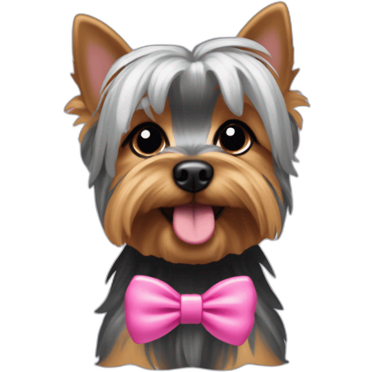 yorkshire terrier with grey hair with the tongue and two little pink hairbow on the head emoji