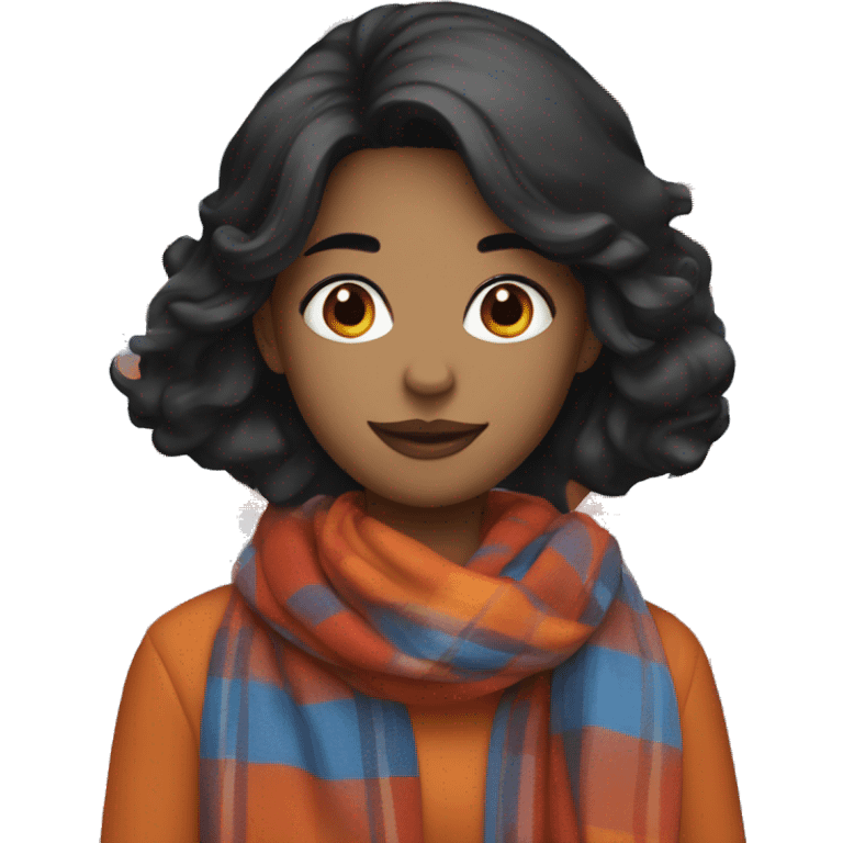 woman with black hair wearing an orange, blue, red, plaid scarf emoji