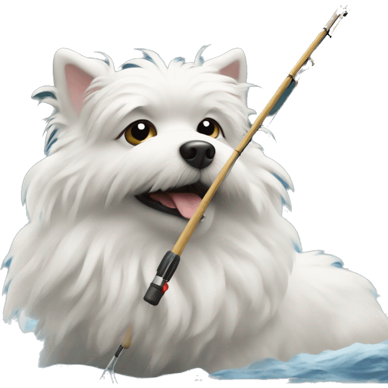 A white medium-fluffy small dog fishing at a lake emoji