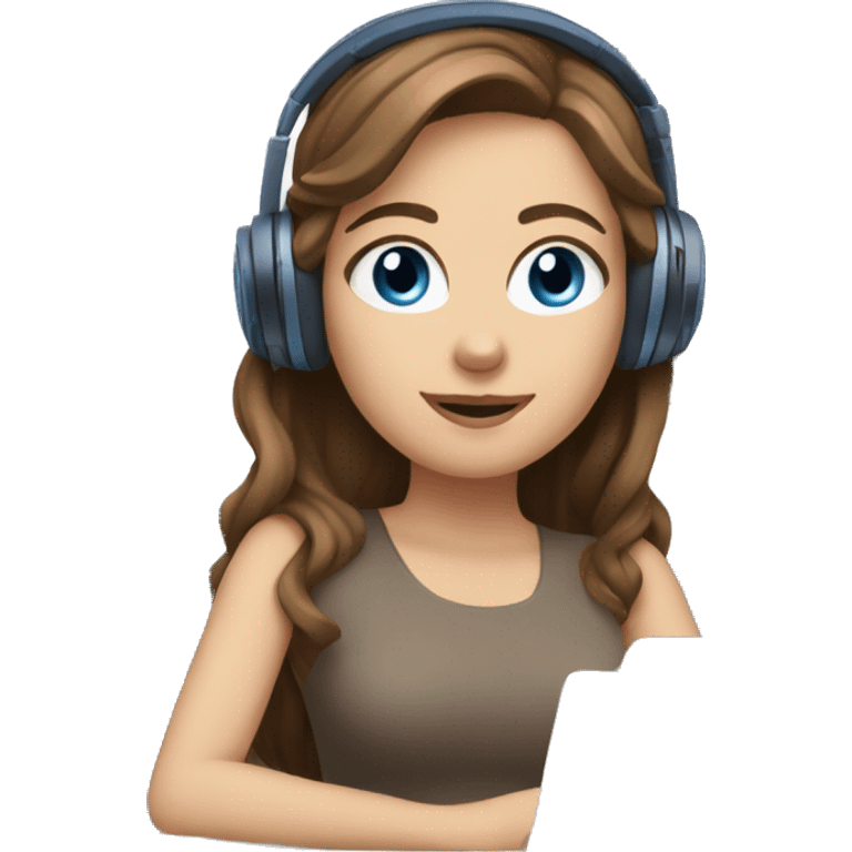 white girl at desk, brown hair, blue eyes, computer, headphones emoji