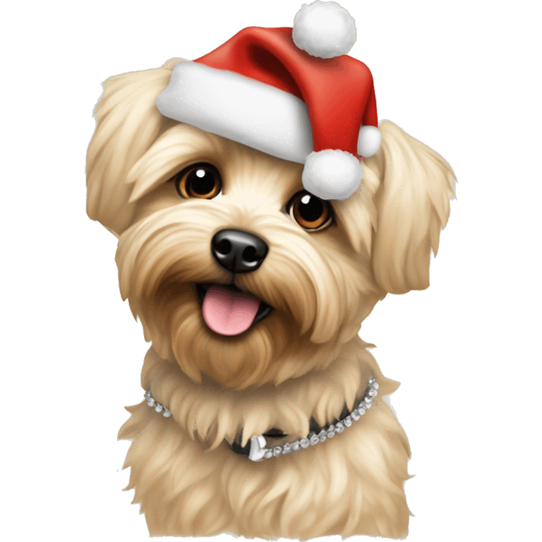 Cream colored Yorkipoo with Santa hat with collar named Dawson emoji