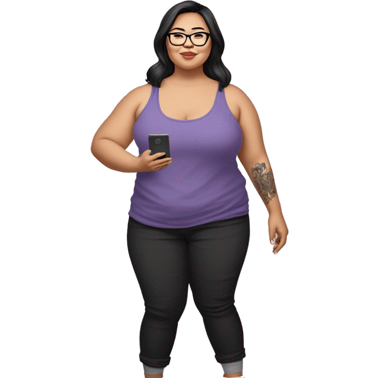 A plus size asian woman with transparent frame prescription glasses wearing long black pants with lavender colored tank top tucked in with several medium size tattoos on her left biceps and holding a kindle on her right hand while standing emoji