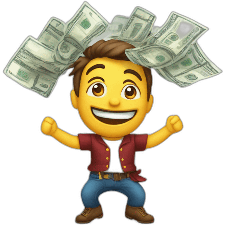 chico festejando estirando los brazos hacia arriba feliz, con billetes volando emoji